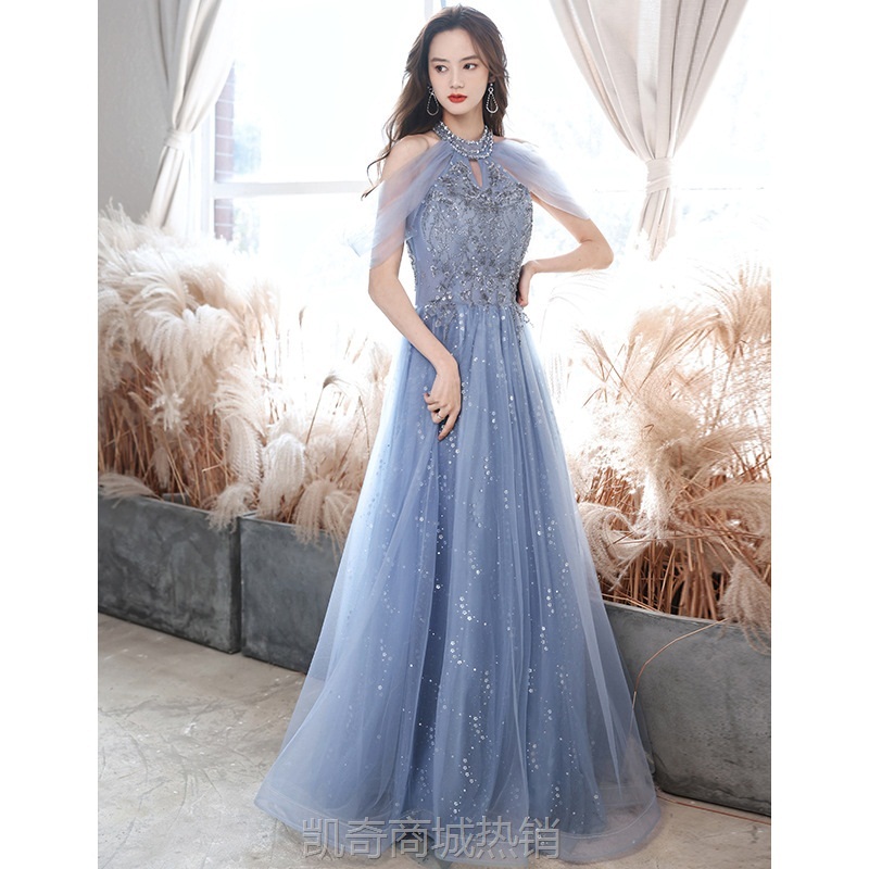 晚礼服女2024新款秋冬气质名媛学生长款法式宴会礼服蓝色连衣裙