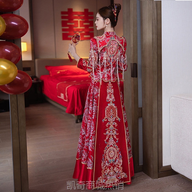 新娘重工秀禾服婚服2024新款琼花红色出阁服龙凤褂中式嫁衣显瘦