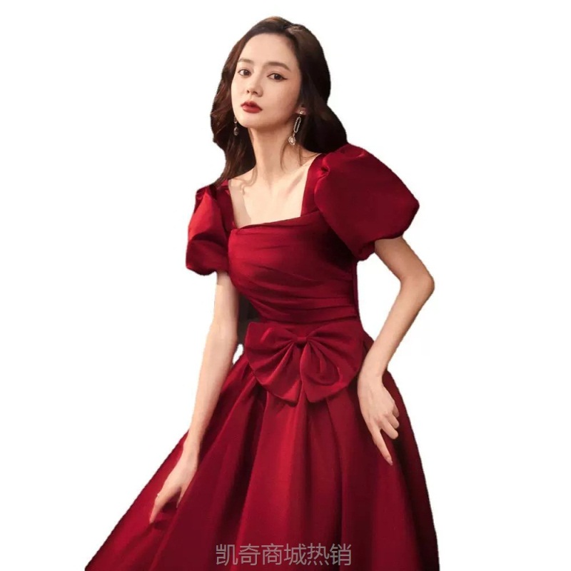 新娘敬酒服2024新款结婚订婚酒红色蝴蝶结礼服复古公主小个子