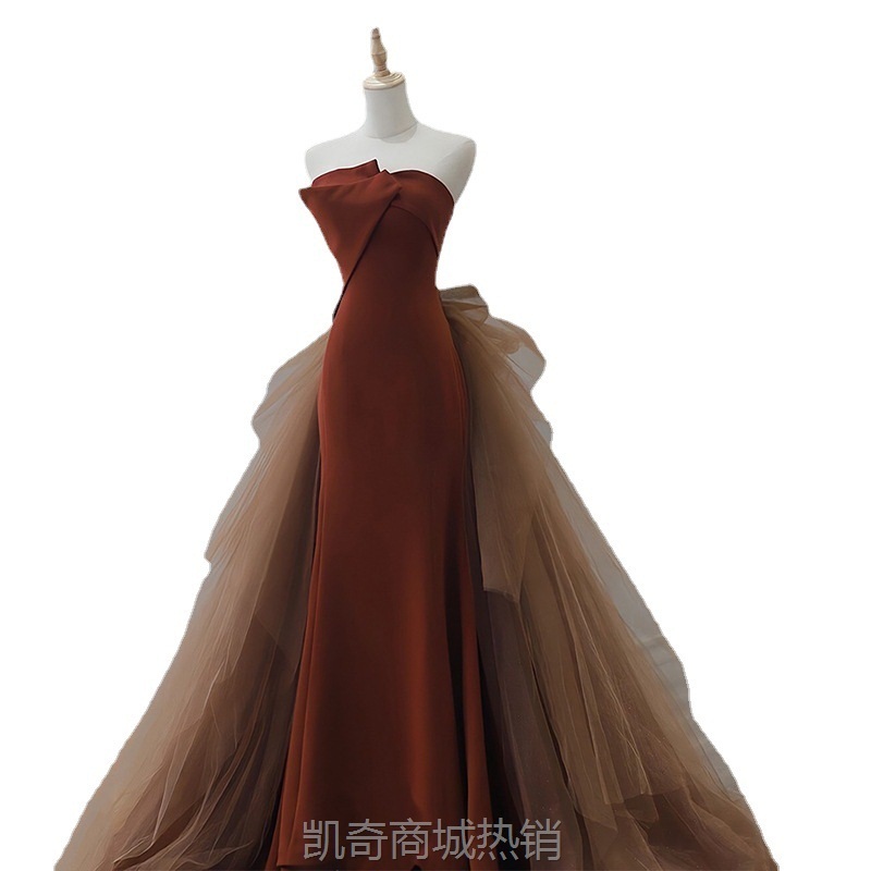 美拉德色鱼尾抹胸礼服2024秋冬订婚结婚新娘敬酒服女主持人晚礼服