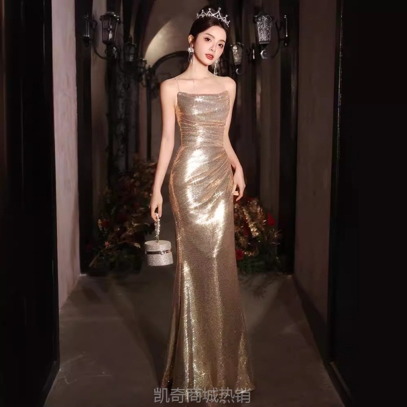 香槟金色吊带晚礼服女宴会气质鱼尾轻奢小众主持人成人礼连衣裙