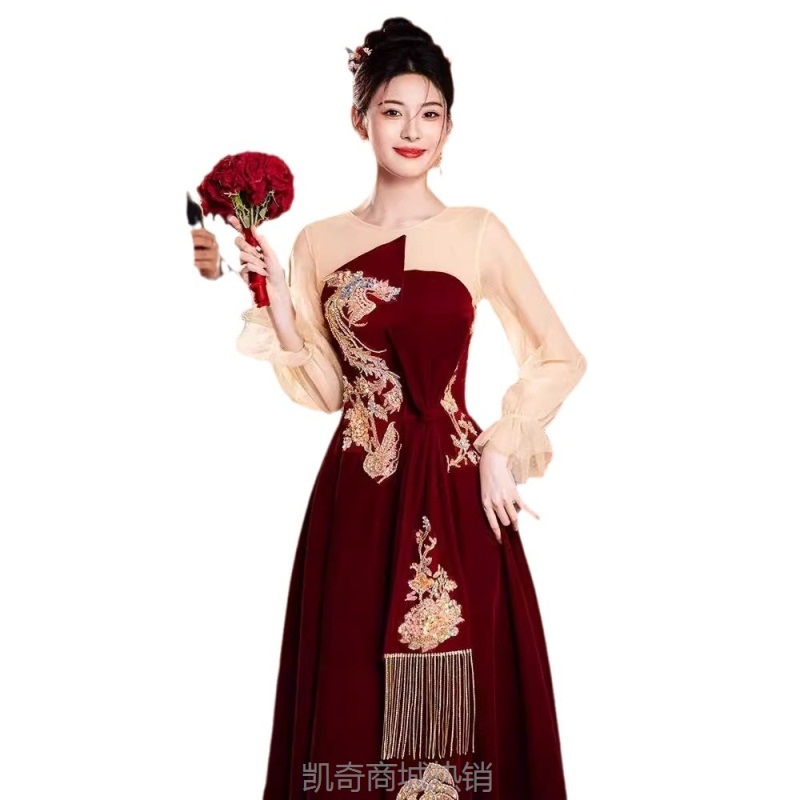 红色敬酒服新娘订婚晚礼服长款修身显瘦结婚回门便装长袖连衣裙