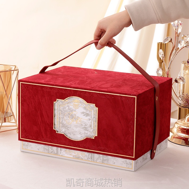 2025年新款春节礼盒超大号年货包装手提盒红色绒布高档新年礼品盒