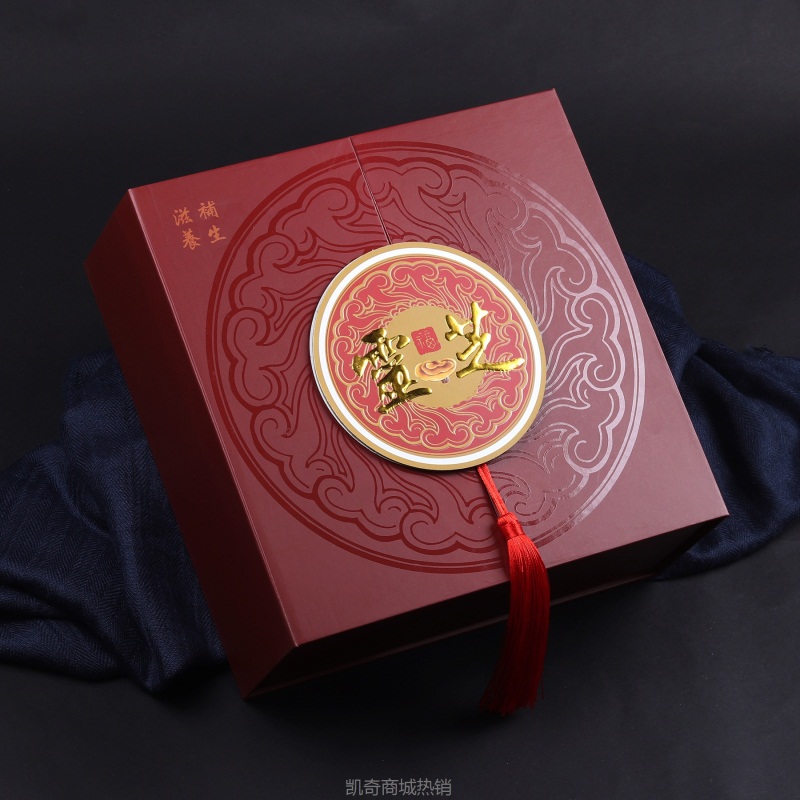 古典灵芝包装盒礼品盒配手提袋高档野生灵芝片流苏烫金酒红色年货