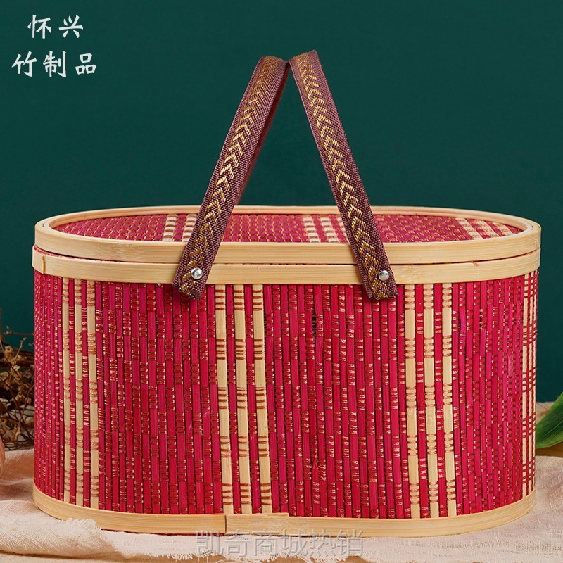 椭圆形手提竹篮春节礼品年货腊肉香肠螃蟹鸡蛋篮竹编包装盒竹礼盒