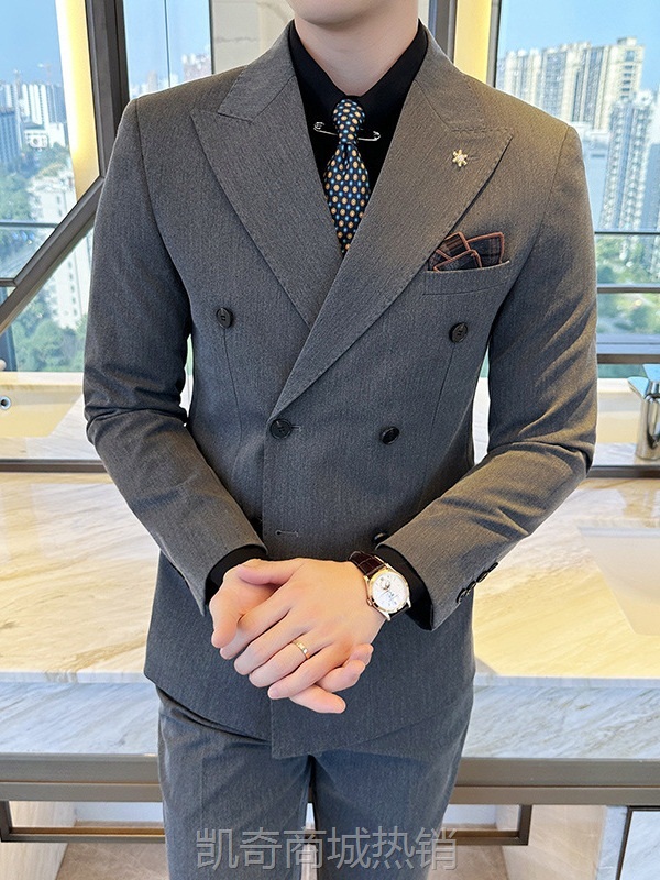 高级感男士结婚西服套装西装三件套新郎双排扣商务修身休闲男礼服