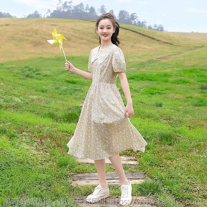 高中学生连衣裙2021夏装新款初中生少女大童学院风碎花过膝裙子【