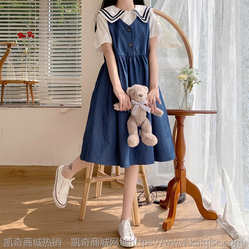 背带裙子少女夏装2021新款初中高中学生海军风牛仔连衣裙两件套装