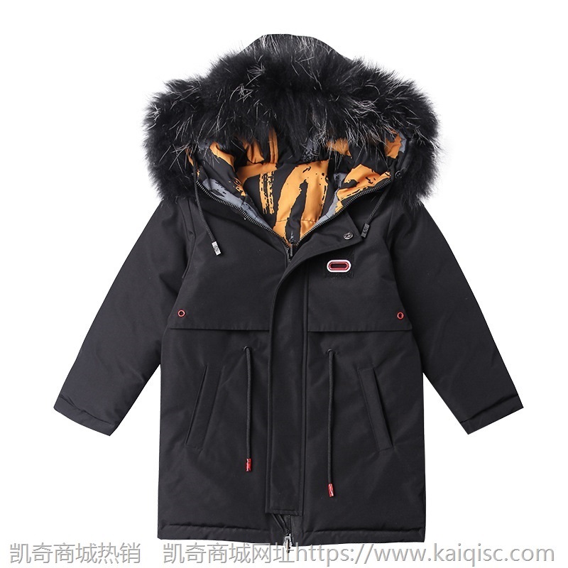 男童连帽羽绒服长款冬季新款童装白鸭绒双面穿羽绒外套中大童潮范