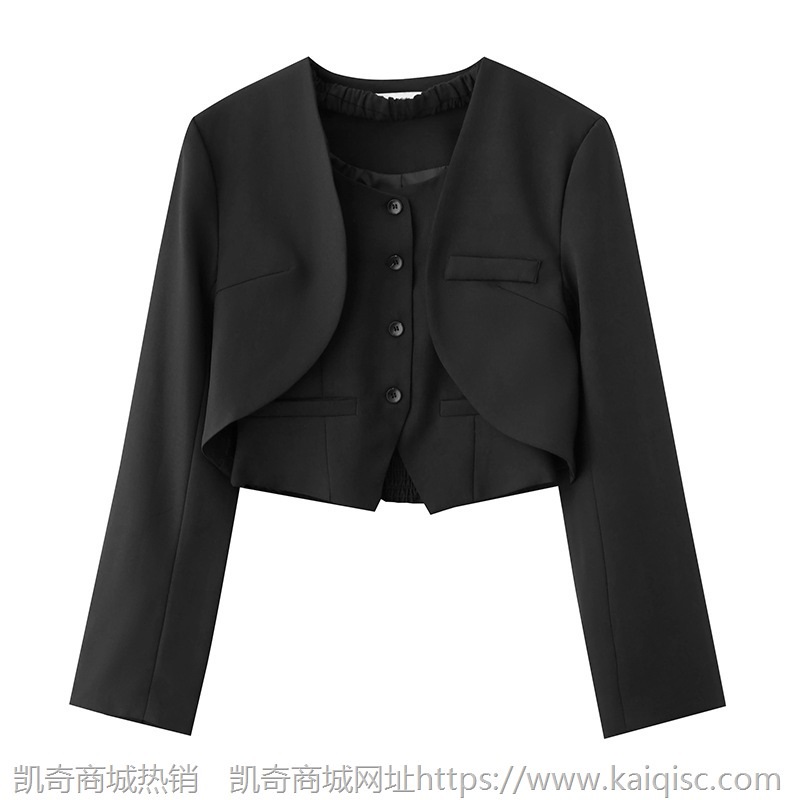 2021韩版秋冬季新款简约时尚挂脖背心+长袖休闲小西装套装女Z128