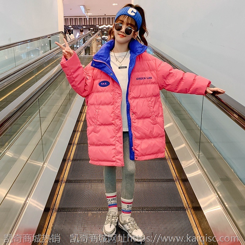女童连帽棉衣2021冬装新款中大童中长款撞色棉服儿童字母印花棉袄