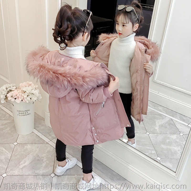 女童长款棉衣中大儿童小学生防寒连帽毛领棉服大衣女孩子洋气童装