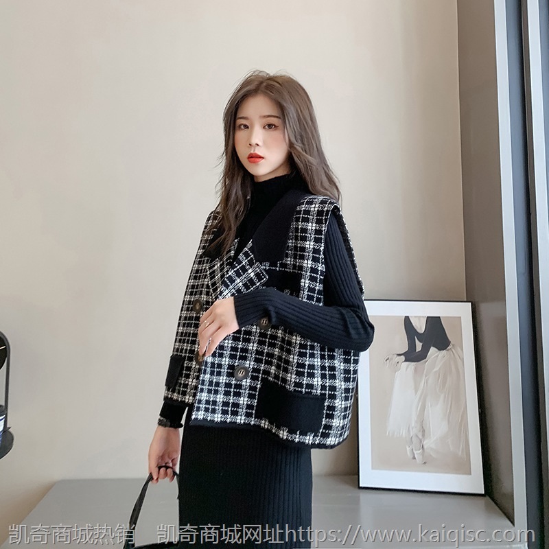 小香风格子时尚套装女2021秋冬新款韩版针织马甲打底连衣裙两件套