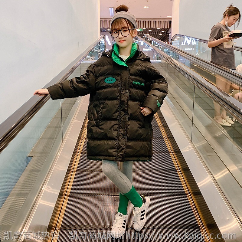 女童连帽棉衣2021冬装新款中大童中长款撞色棉服儿童字母印花棉袄