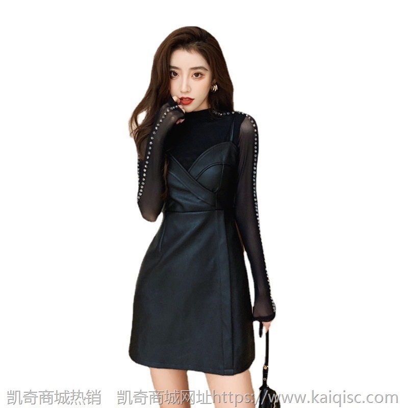 2021秋冬时尚套装女钉珠打底衫气质PU皮吊带连衣裙两件套A8651