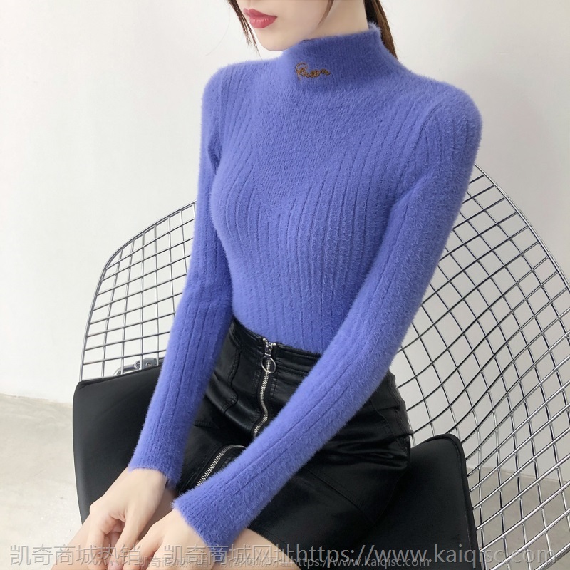 仿水貂绒毛衣女士2021秋冬新款洋气短款内搭冬季外套半高领打底衫