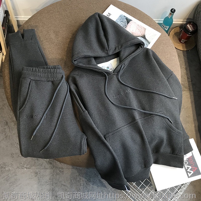 连帽卫衣女套装秋冬韩版学生宽松加绒加厚运动服时尚休闲两件套潮