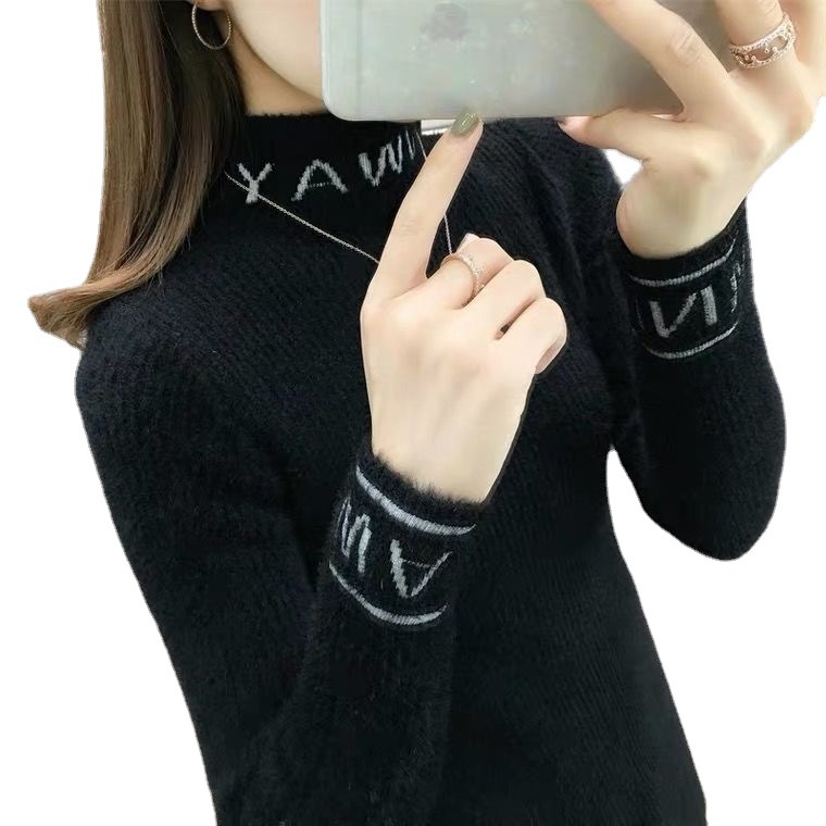 2021仿水貂绒毛衣女半高领字母提花条纹小清新紧身显瘦针织打底衫