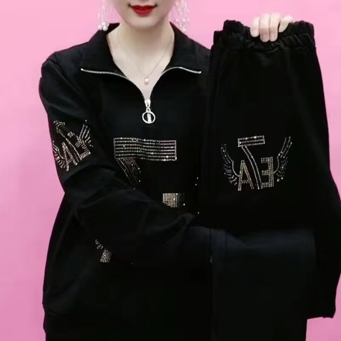 2021秋冬新款妈妈装韩版时尚大码女装烫钻长袖卫衣哈伦裤两件套女