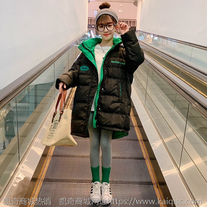女童连帽棉衣2021冬装新款中大童中长款撞色棉服儿童字母印花棉袄