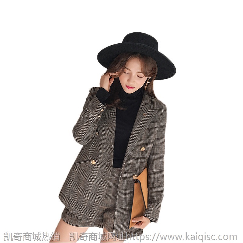 2020秋冬新款女装韩版时尚套装复古格子小西装外套休闲短裤两件套