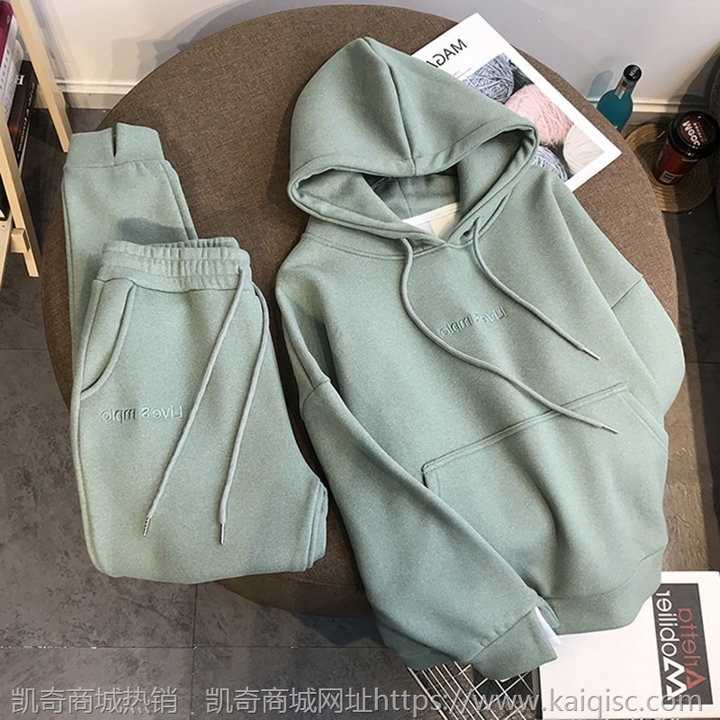 连帽卫衣女套装秋冬韩版学生宽松加绒加厚运动服时尚休闲两件套潮