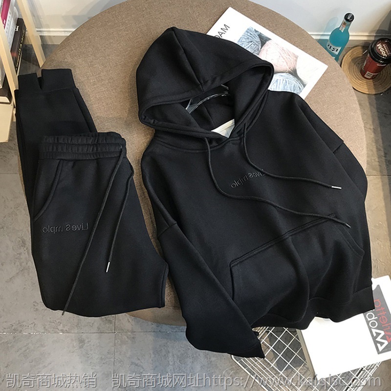 连帽卫衣女套装秋冬韩版学生宽松加绒加厚运动服时尚休闲两件套潮