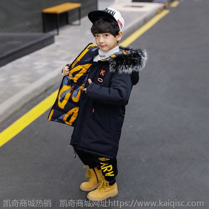 男童连帽羽绒服长款冬季新款童装白鸭绒双面穿羽绒外套中大童潮范