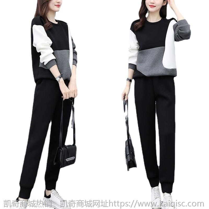 2021秋冬新款韩版时尚套装女拼接洋气减龄显瘦大码女装休闲两件套