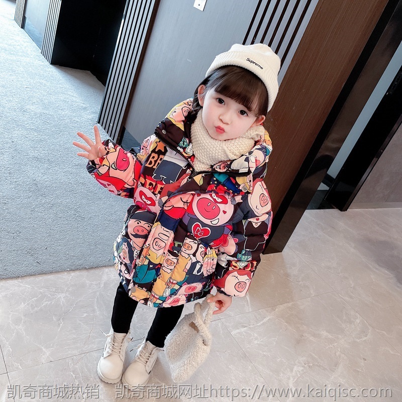 女童卡通棉衣2020冬韩版童装儿童羽绒棉服女宝宝涂鸦长款加厚棉袄
