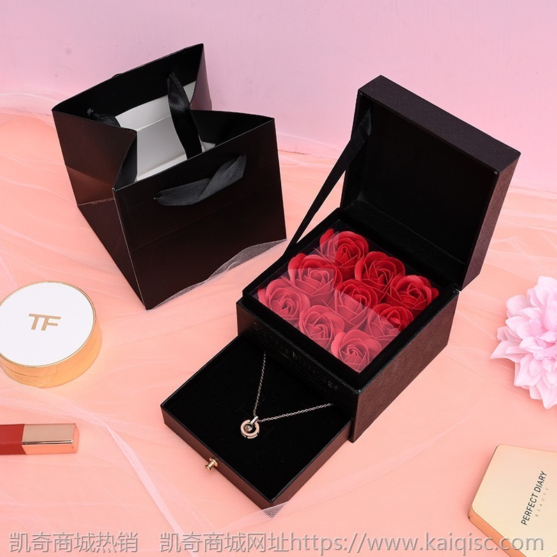 七夕情人节新款九朵玫瑰花饰品项链礼盒 木质双层抽屉口红礼品盒