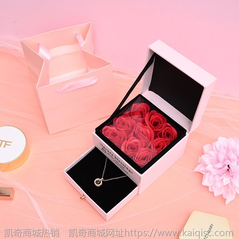 七夕情人节新款九朵玫瑰花饰品项链礼盒 木质双层抽屉口红礼品盒