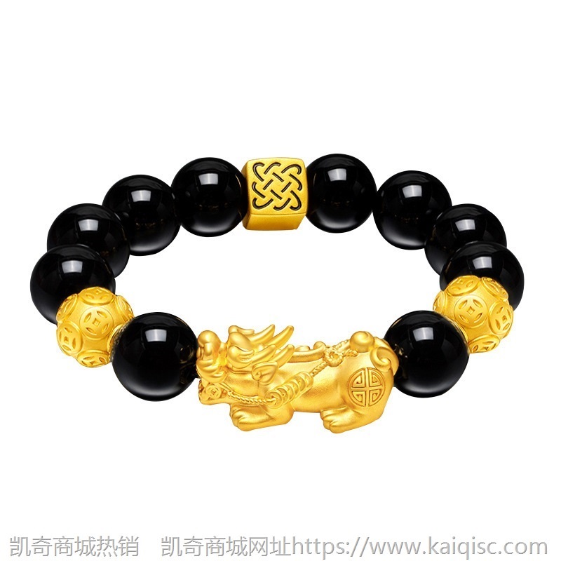 凯奇仿天然黑曜石貔貅手链男女款越南沙金手串复古风手饰厂家批发